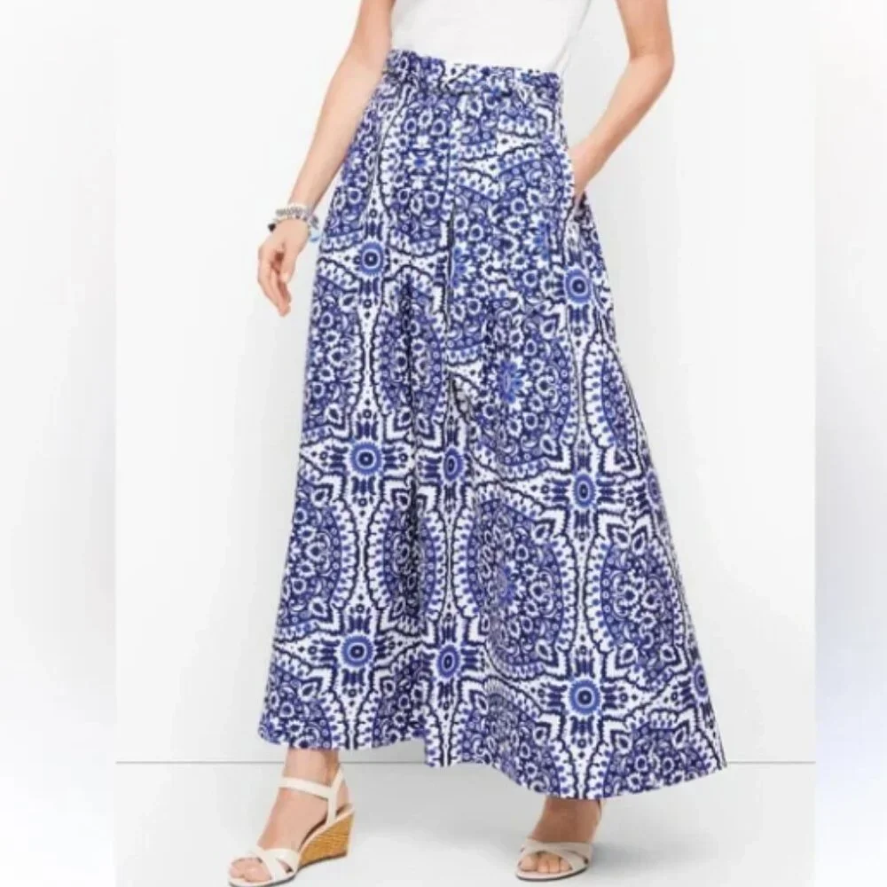 Talbots Tie Belt Floral Print Maxi Skirt in Blue and White - Picture 2 of 4